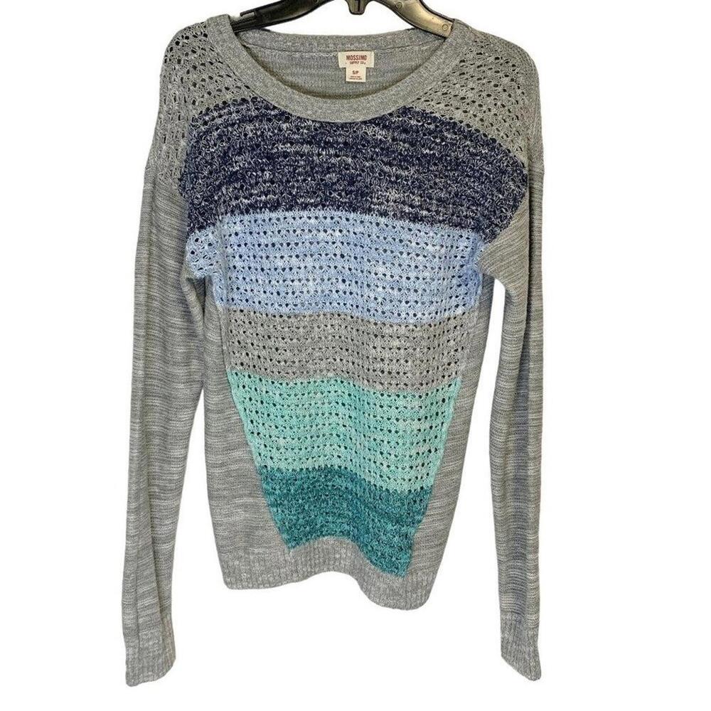 Mossimo Supply Co Womens Small Sweater Gray Blue Mint Striped Open Knit Pullover